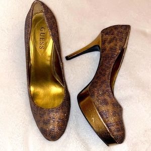 Guess Leopard 4 Inch heel with sequined pattern & gold 2inch platform